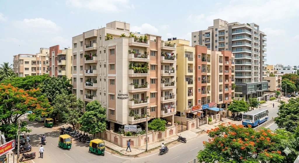 Exterior view of Bhartiya Garden Enclave residential towers featuring modern architecture and green landscapes in Thanisandra.